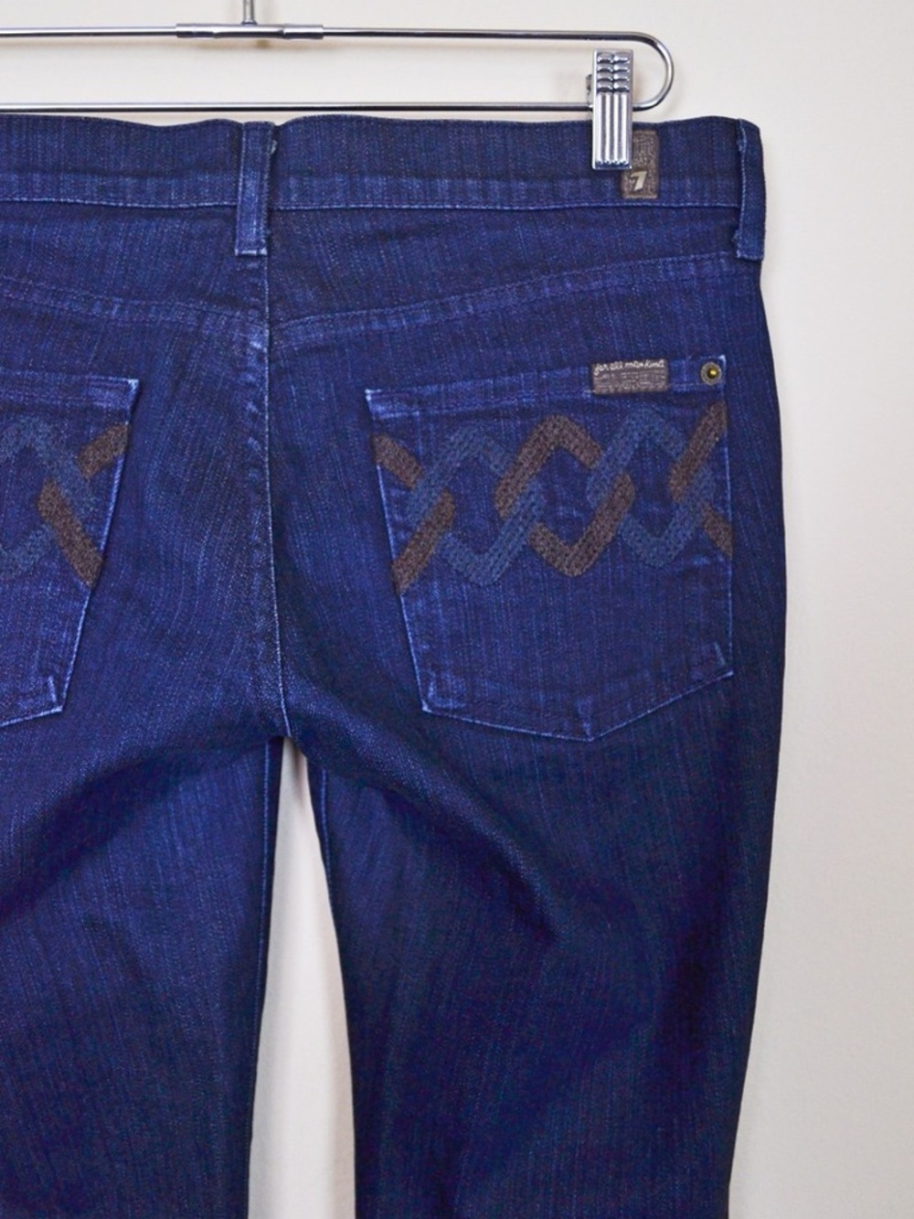 7 For All Mankind Dark Blue Flare Jeans with Embroidered Back Y2K Vintage Bootcu - Picture 2 of 16
